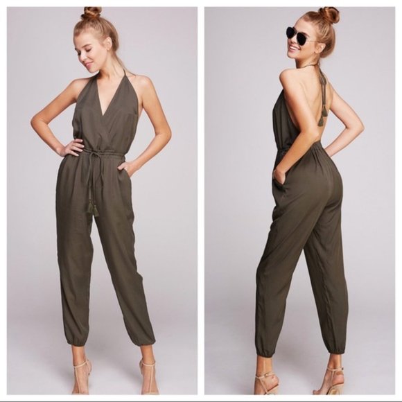 Infinity Raine Pants - HELLO THERE HALTER OPEN BACK V-NECK JUMPSUIT-OLIVE